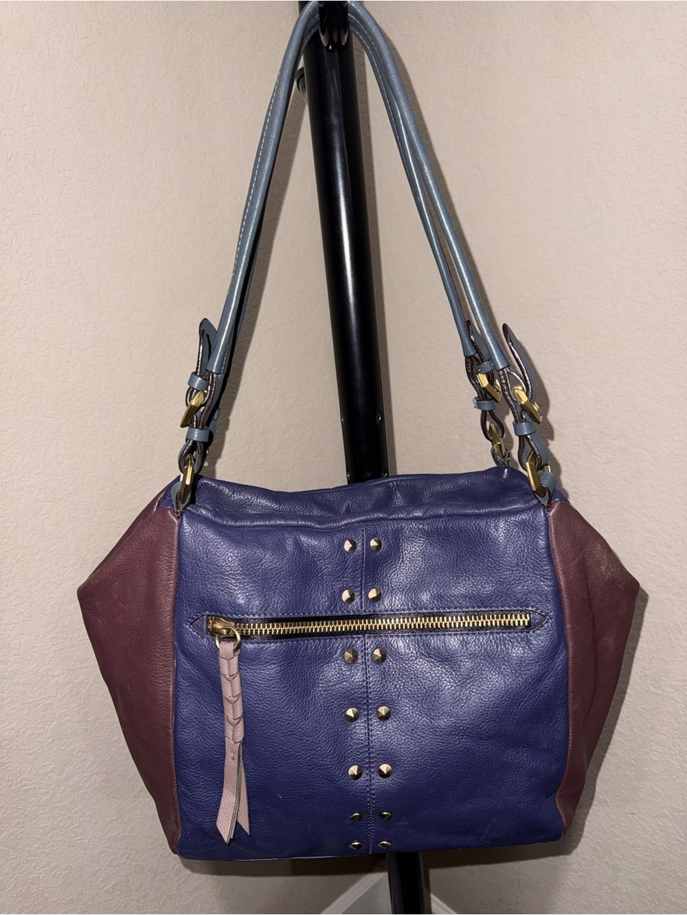 orYANY Blue and Plum Leather Shoulder Bag with Light Blue Strap